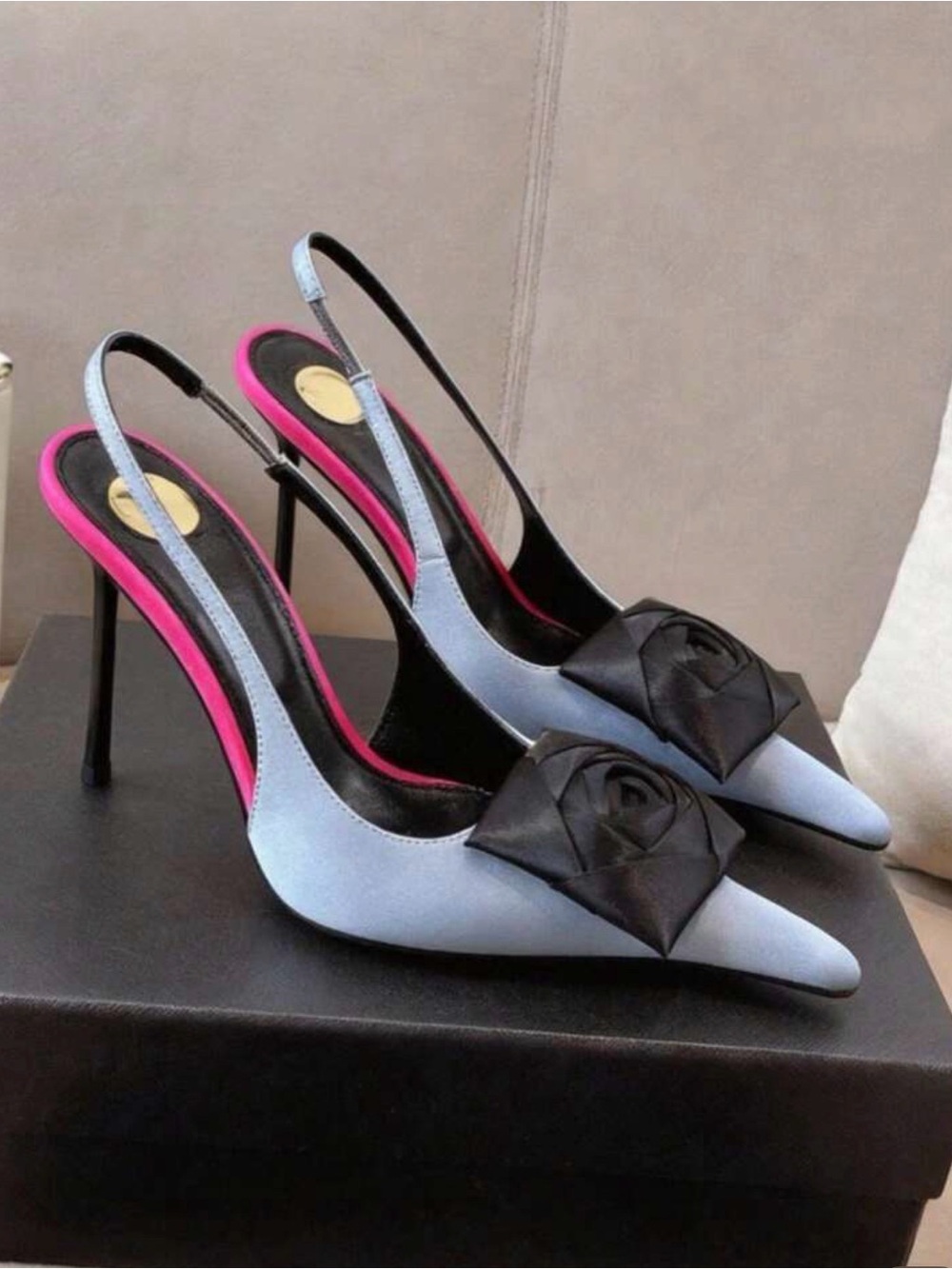Pointed Slingback Pumps in Light Blue with Black Rosette